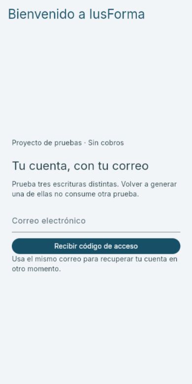 Captura real del acceso a IusForma en navegador móvil, con correo y código de acceso.