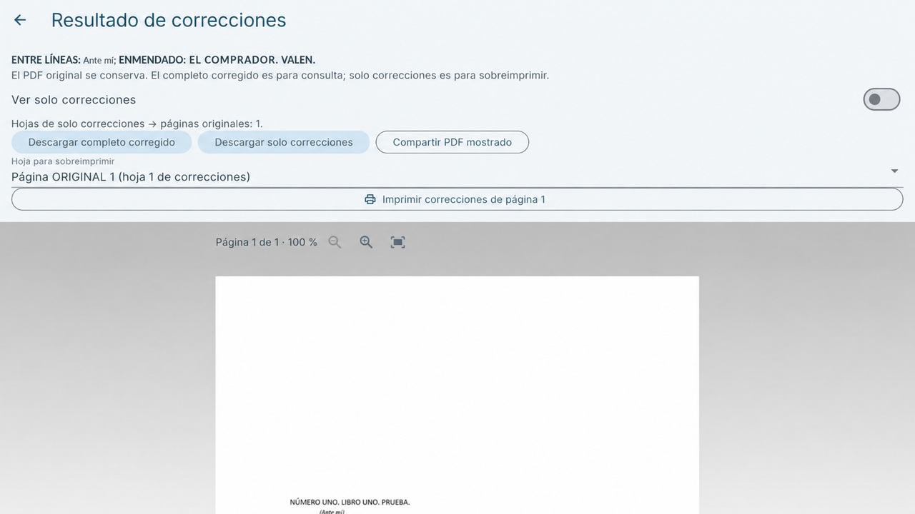 Captura real de la versión web: resultado de correcciones con opciones para descargar el PDF completo o solo las correcciones.